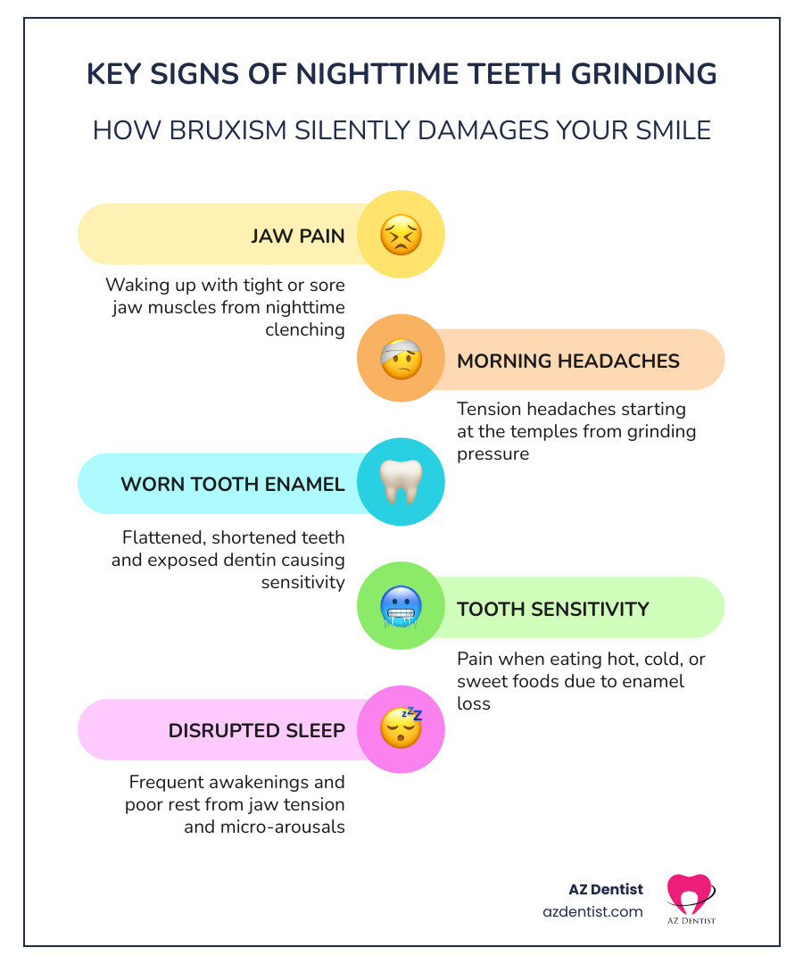 Infographic showing bruxism symptoms including jaw pain, worn enamel, morning headaches, and tooth sensitivity infographic