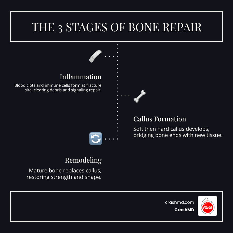 Infographic explaining the three stages of bone repair: inflammation, soft/hard callus, and remodeling infographic Infographic explaining the three stages of bone repair: inflammation, soft/hard callus, and remodeling infographic