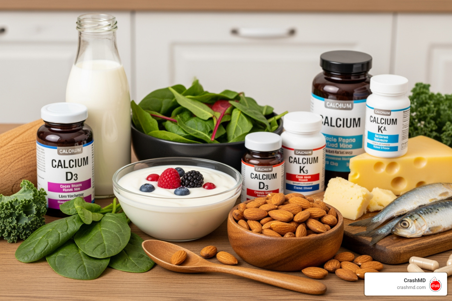 Various calcium-rich foods like yogurt, leafy greens, and almonds alongside supplement bottles Various calcium-rich foods like yogurt, leafy greens, and almonds alongside supplement bottles