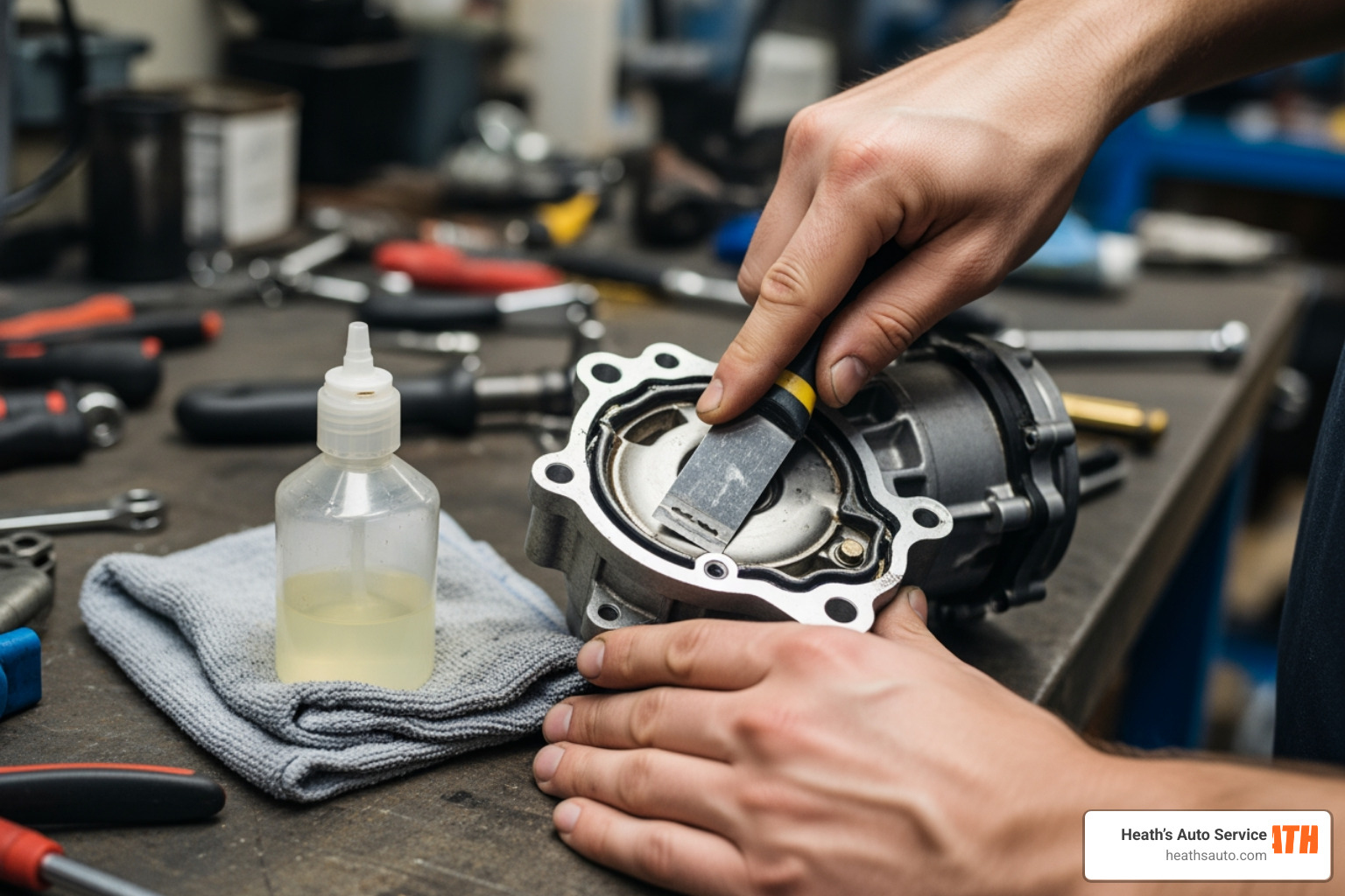 Technician cleaning a vacuum pump mating surface with a razor blade and solvent