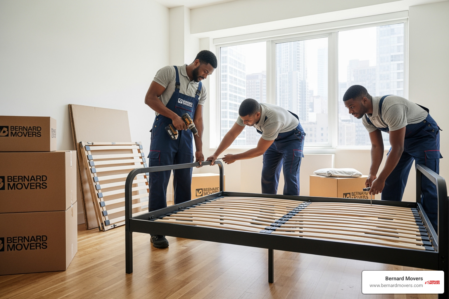 movers finishing the reassembly of a bed in a bright new apartment movers finishing the reassembly of a bed in a bright new apartment