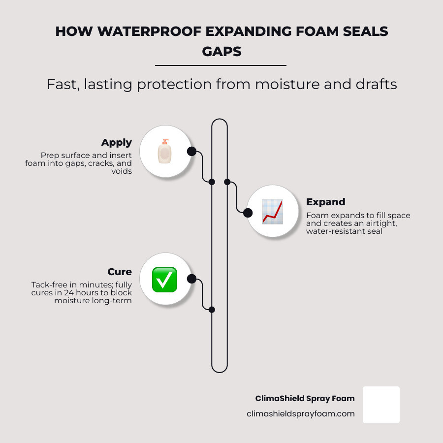 Infographic showing how waterproof expanding foam fills gaps, expands, cures, and creates a moisture barrier infographic