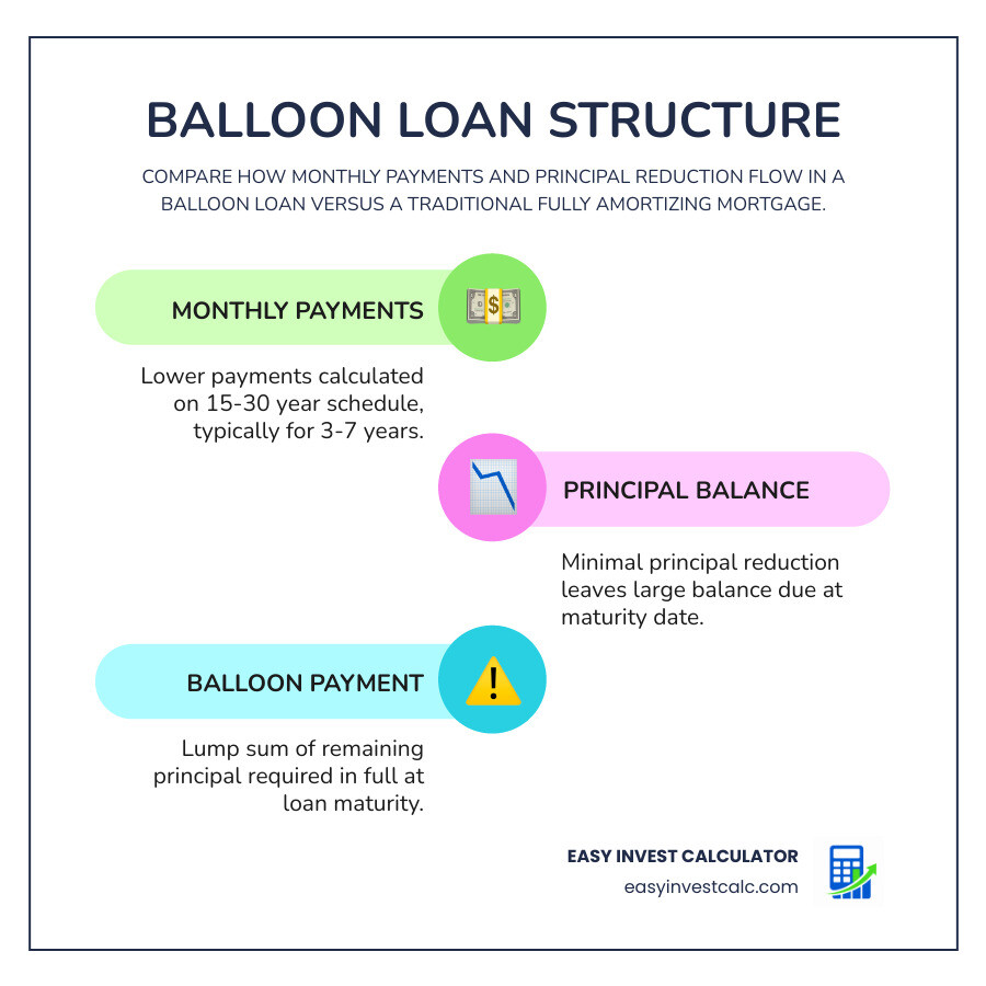 Balloon loan structure vs. traditional amortization: payment flow, principal balance, and balloon due date comparison