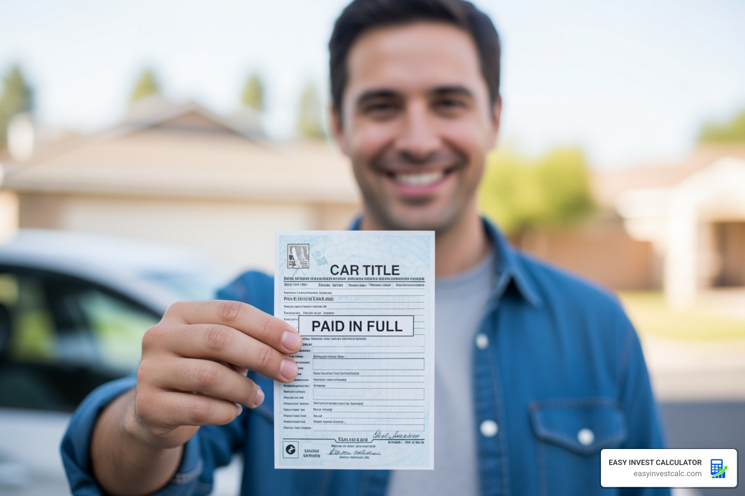 Person holding a "Paid in Full" car title document