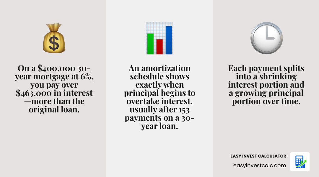 Infographic showing the shift from interest-heavy to principal-heavy payments over a 30-year loan term infographic