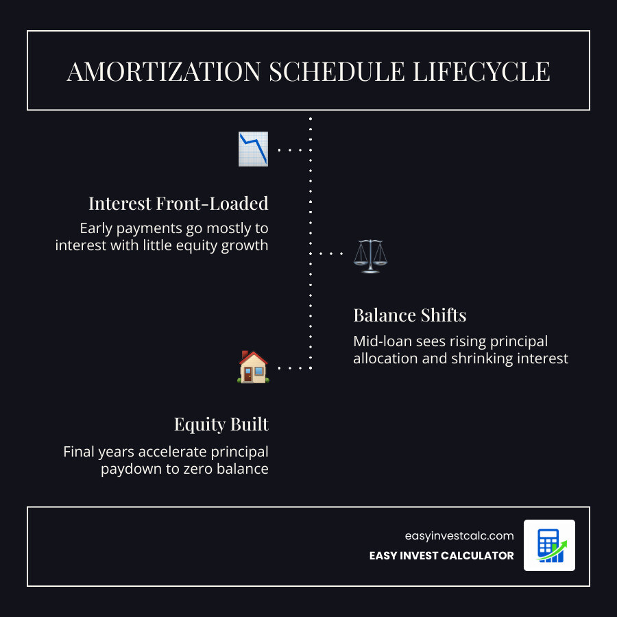 Lifecycle of an amortizing loan showing interest vs principal shift over time infographic
