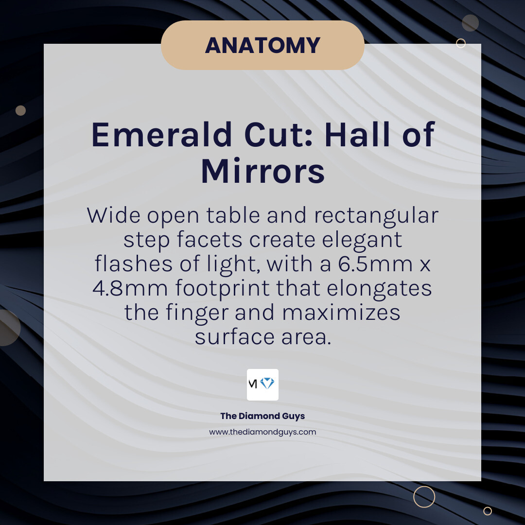 Infographic showing emerald cut diamond anatomy, step-cut facets, and light reflection pattern infographic Infographic showing emerald cut diamond anatomy, step-cut facets, and light reflection pattern infographic