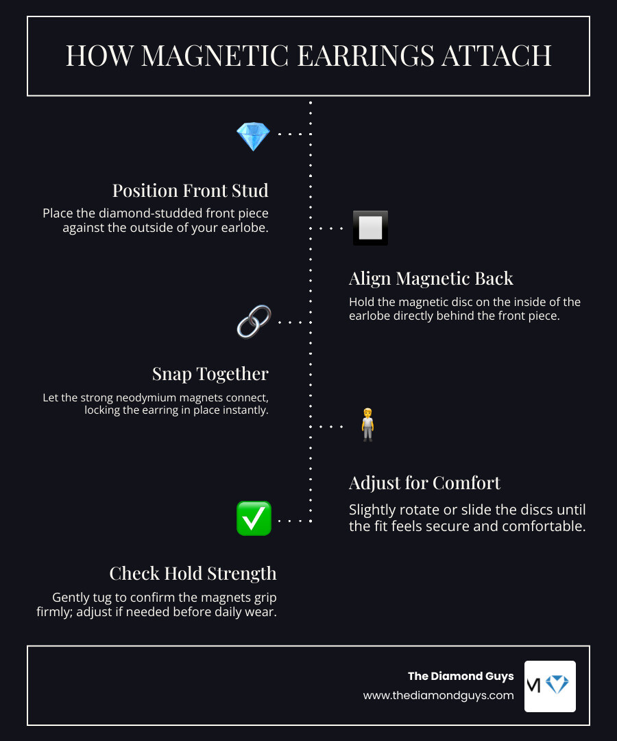 How magnetic earring backings work — step-by-step diagram with magnet placement and strength levels infographic How magnetic earring backings work — step-by-step diagram with magnet placement and strength levels infographic