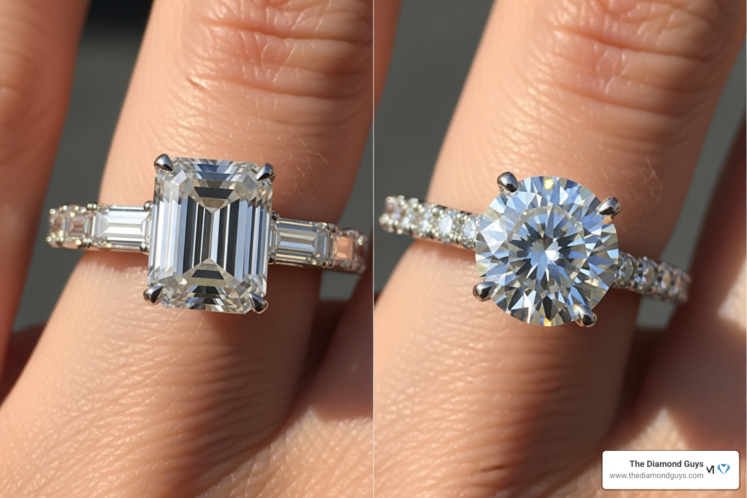 Comparison of a 1 carat emerald cut versus a 1 carat round brilliant diamond on a finger Comparison of a 1 carat emerald cut versus a 1 carat round brilliant diamond on a finger