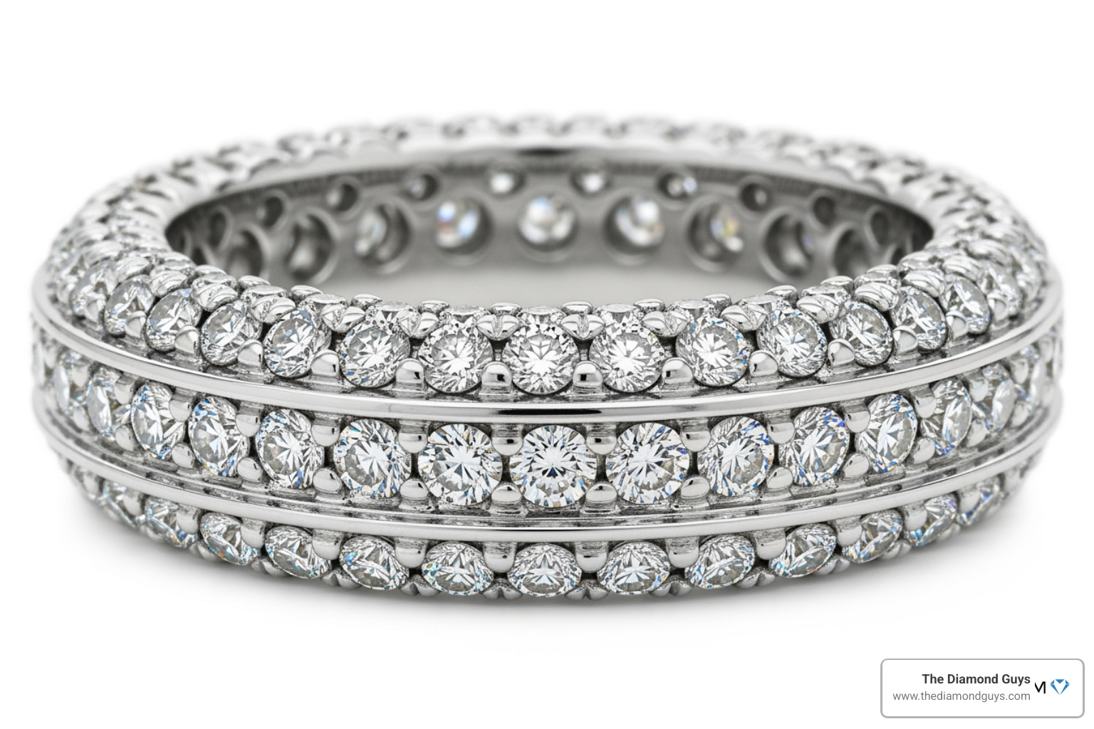Close up of a 3 sided diamond eternity band profile showing micro-pavé setting and band thickness Close up of a 3 sided diamond eternity band profile showing micro-pavé setting and band thickness