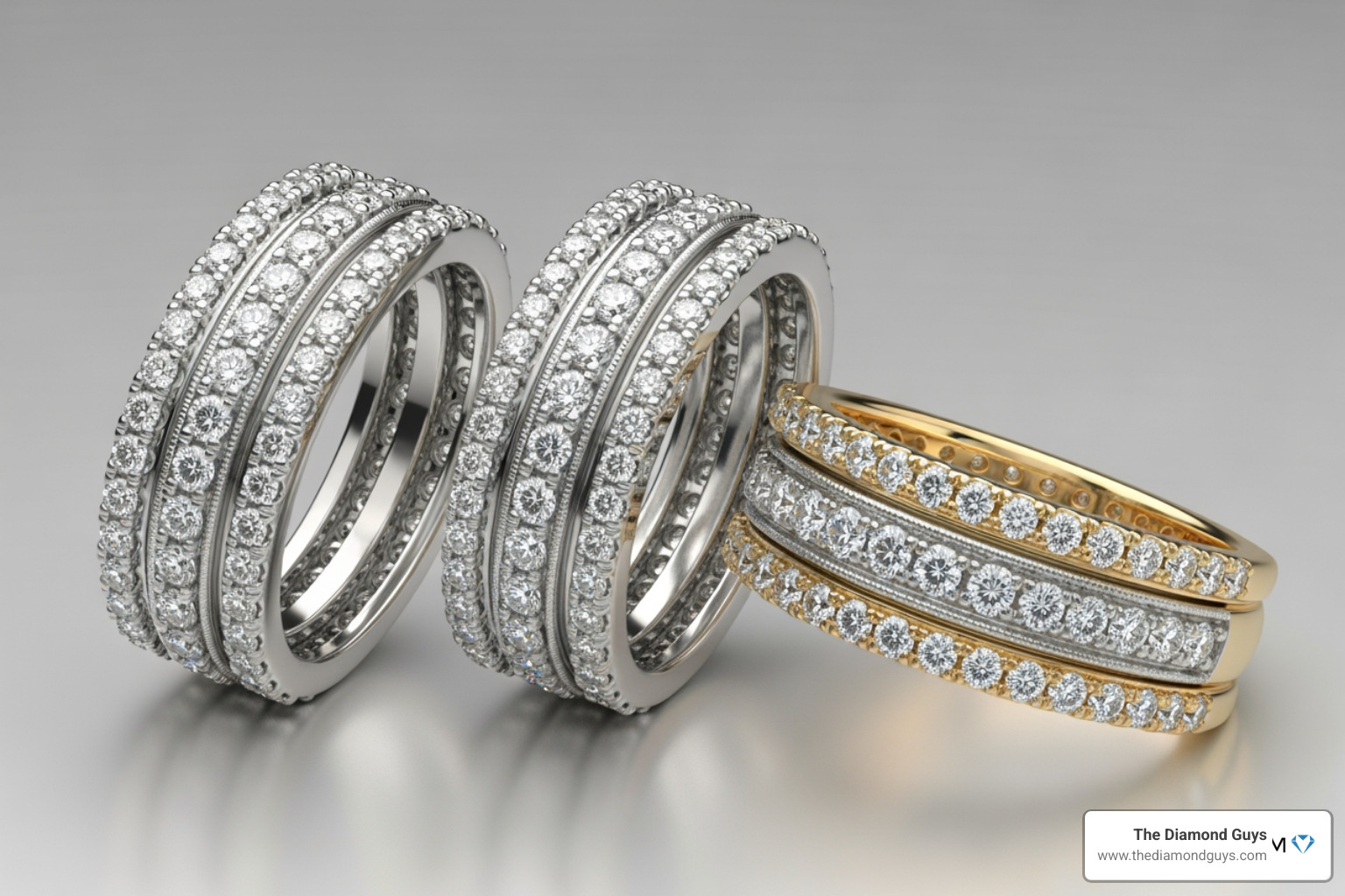 Comparison of 3 sided diamond eternity bands in platinum, white gold, and yellow gold finishes Comparison of 3 sided diamond eternity bands in platinum, white gold, and yellow gold finishes