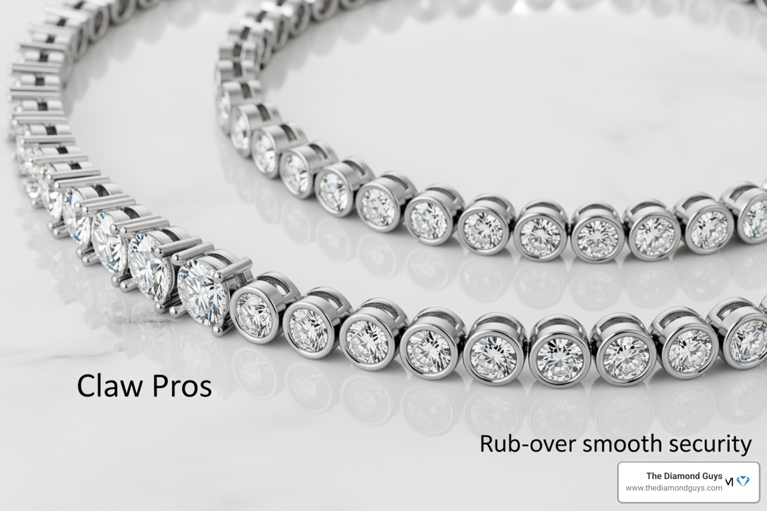 Comparison between claw and rub-over settings for tennis bracelets Comparison between claw and rub-over settings for tennis bracelets