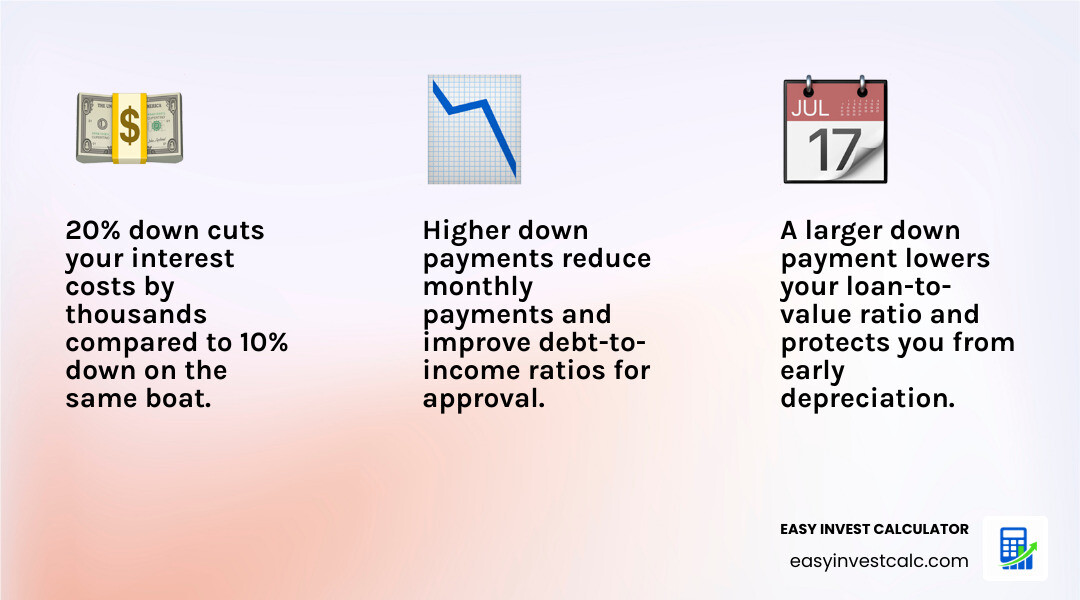 Infographic showing how down payment percentage affects monthly payment, total interest, and loan-to-value ratio on a boat