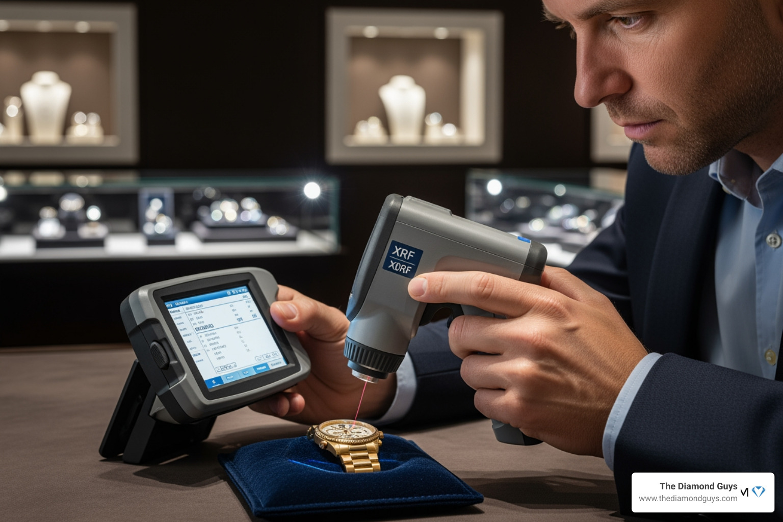 Appraiser using an XRF spectrometer on a gold watch Appraiser using an XRF spectrometer on a gold watch