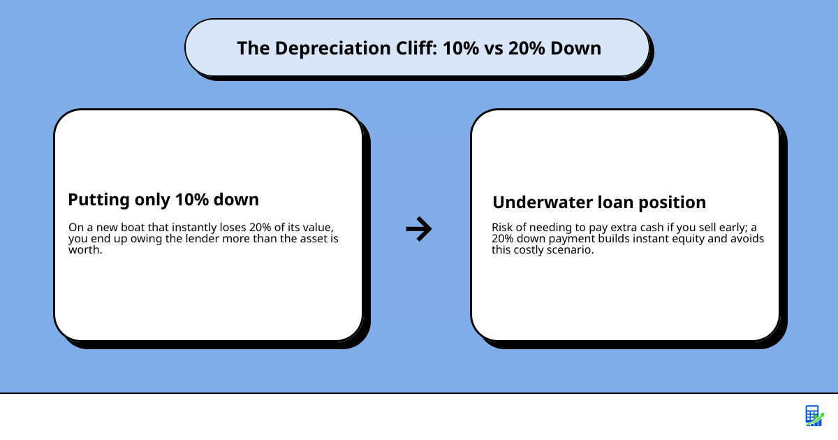 A graph showing boat depreciation versus a loan balance over 5 years infographic