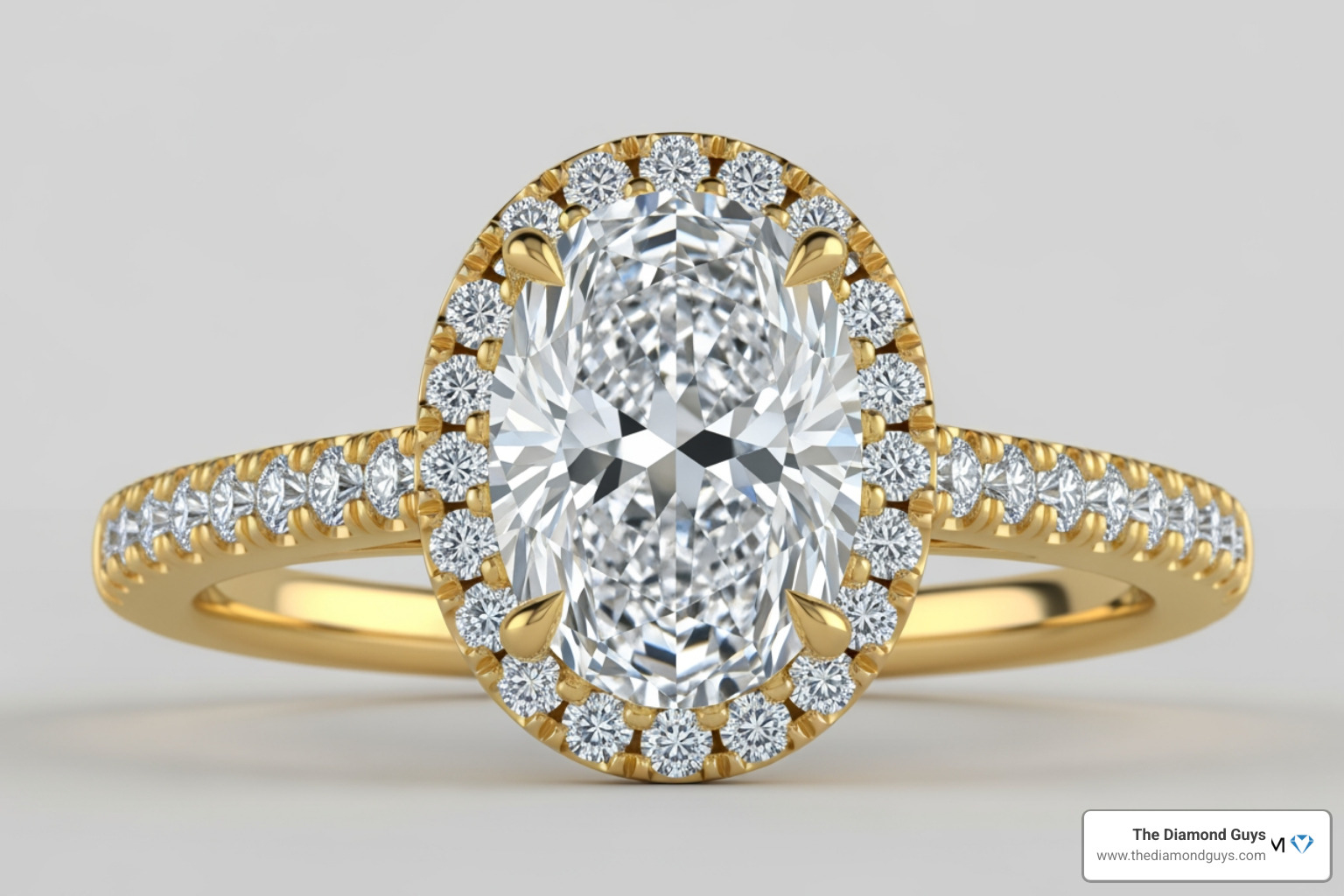 A custom-designed oval lab-grown diamond ring in a yellow gold setting with a hidden halo A custom-designed oval lab-grown diamond ring in a yellow gold setting with a hidden halo