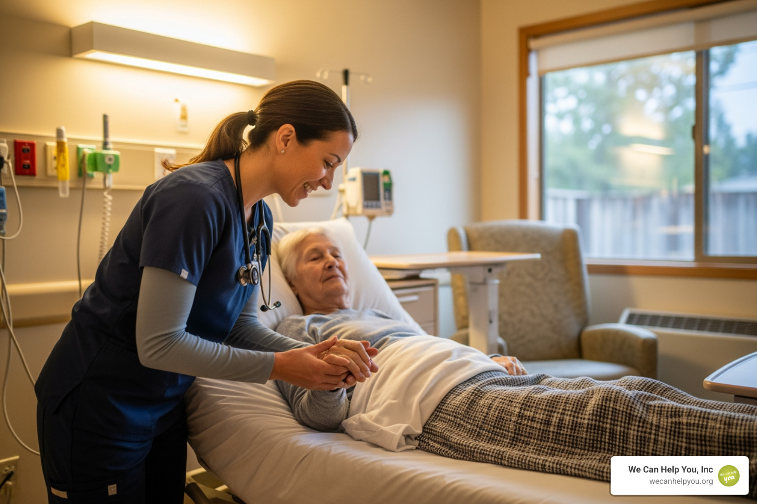 medical professional assisting a hospice patient in a facility