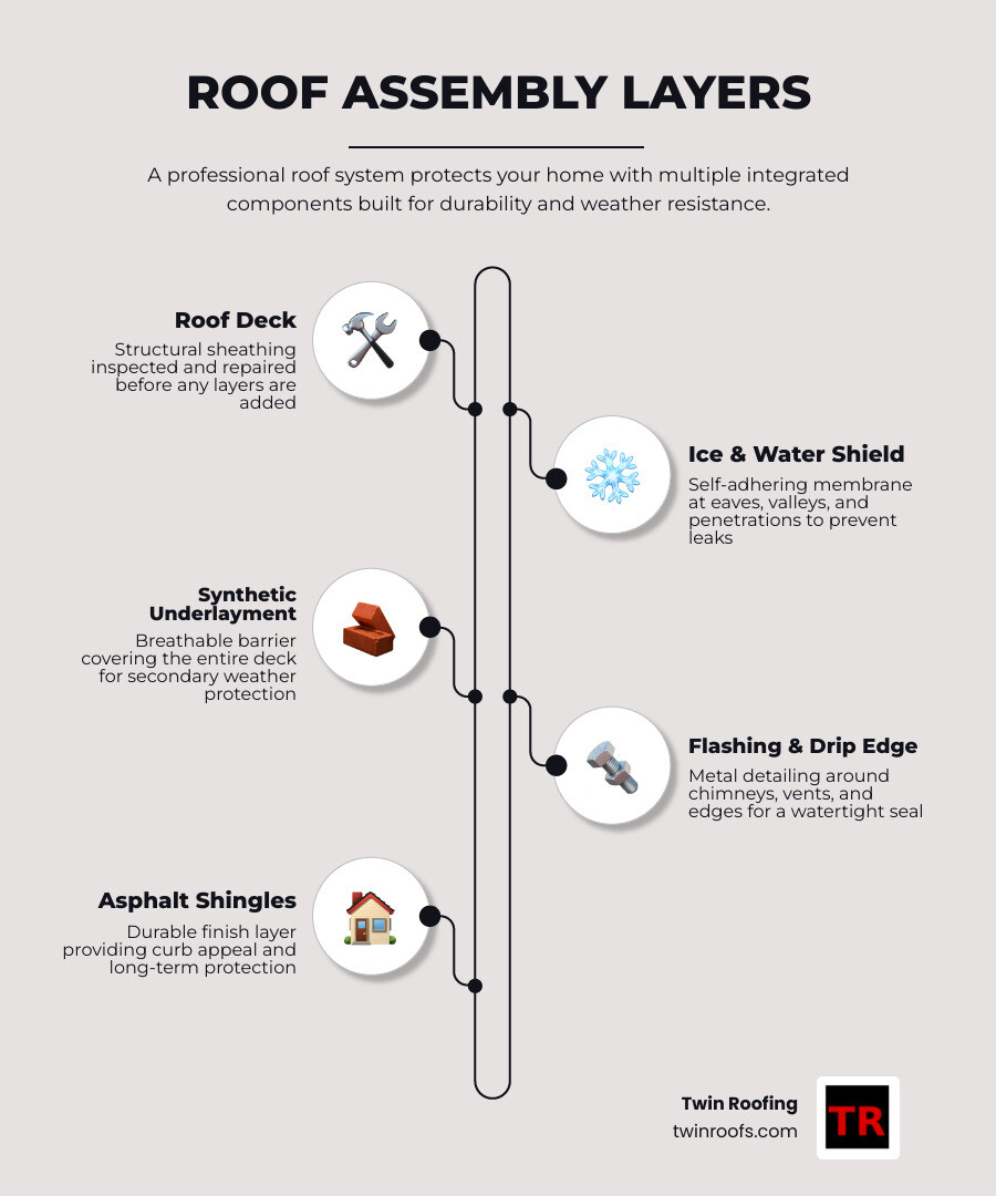 Infographic showing layers of a professional roof assembly from deck to ridge cap infographic Infographic showing layers of a professional roof assembly from deck to ridge cap infographic