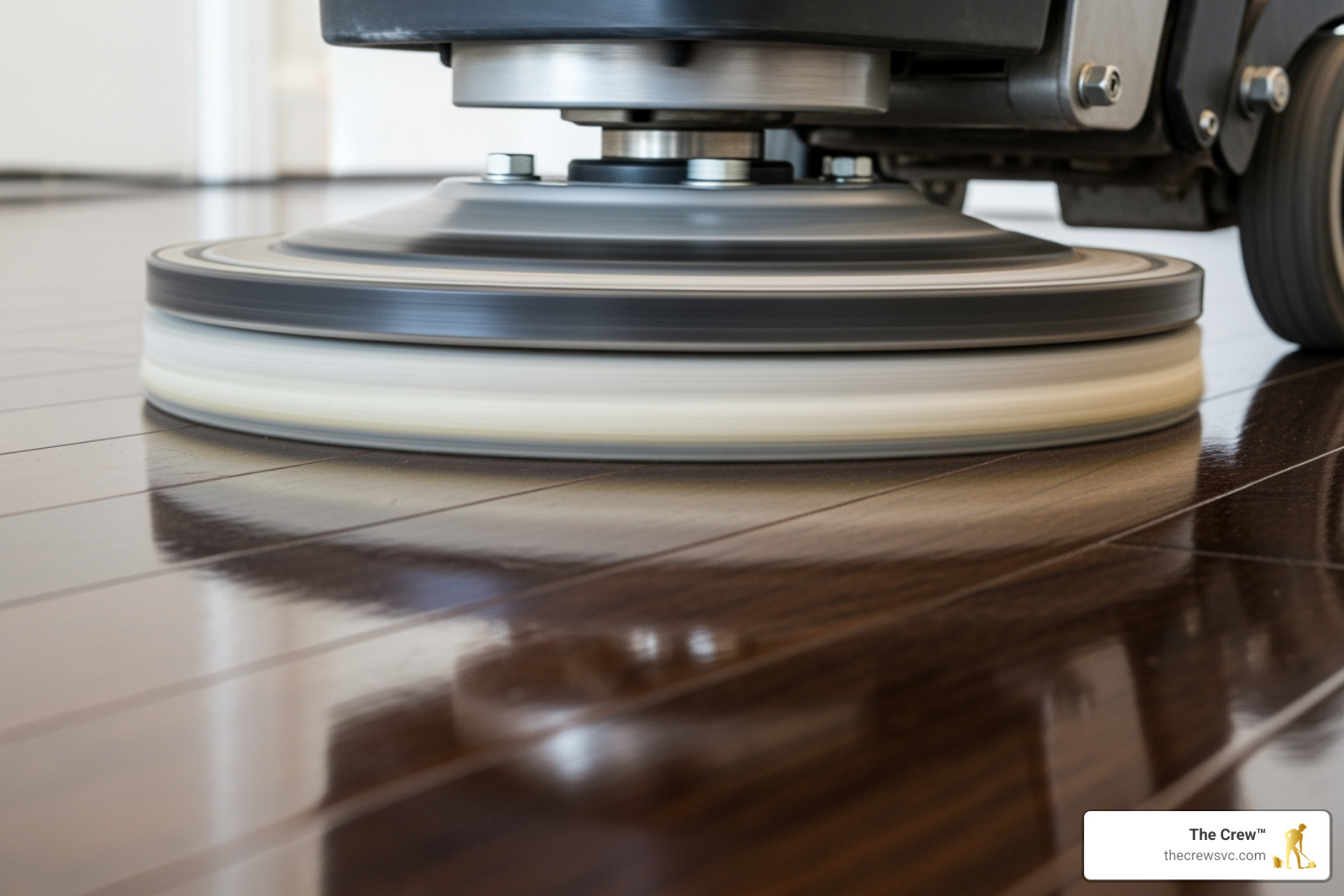 A close-up of the buffing and polishing process on a dark hardwood floor