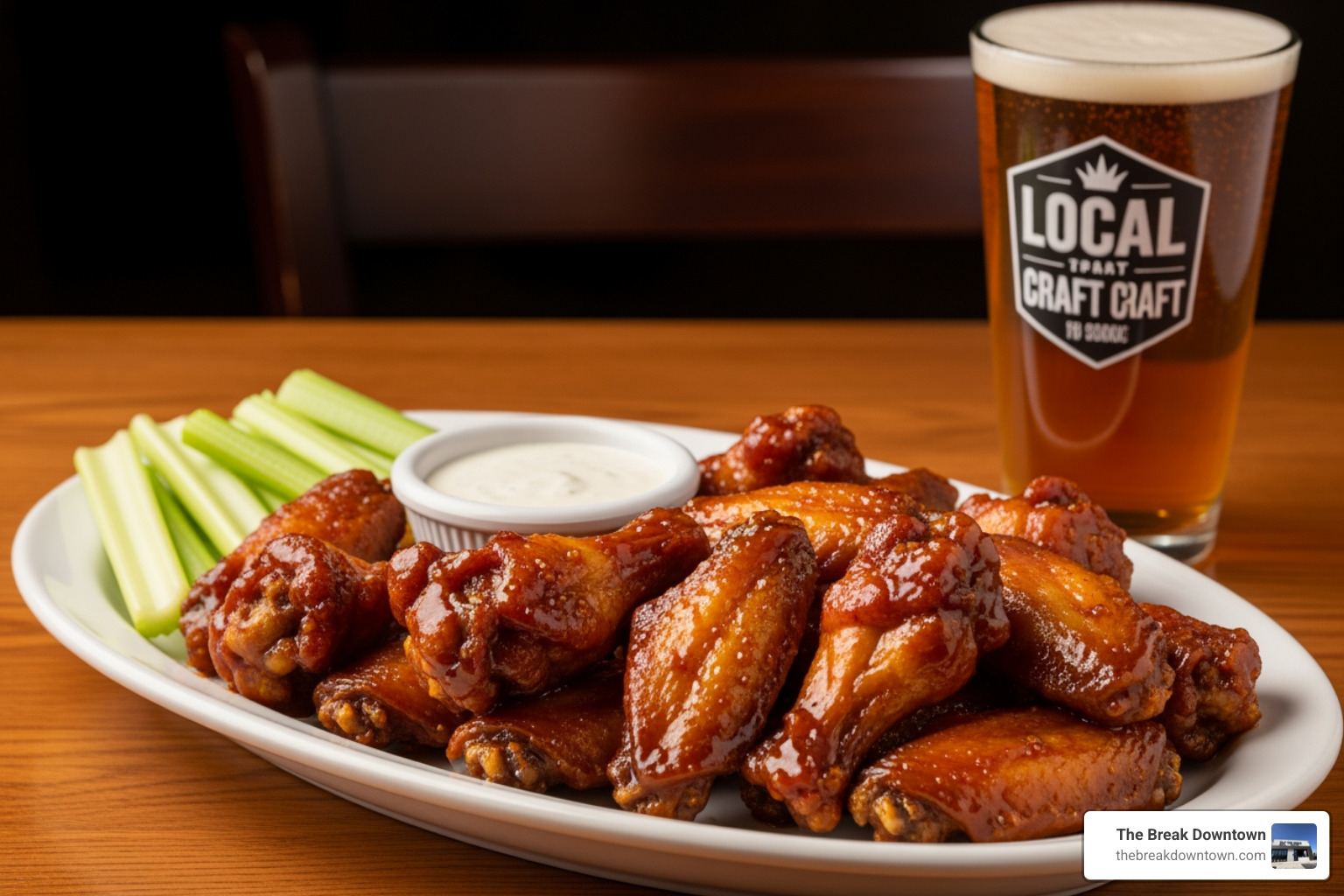 A large wing platter featuring honey BBQ wings, celery, ranch, and a tall glass of local craft beer