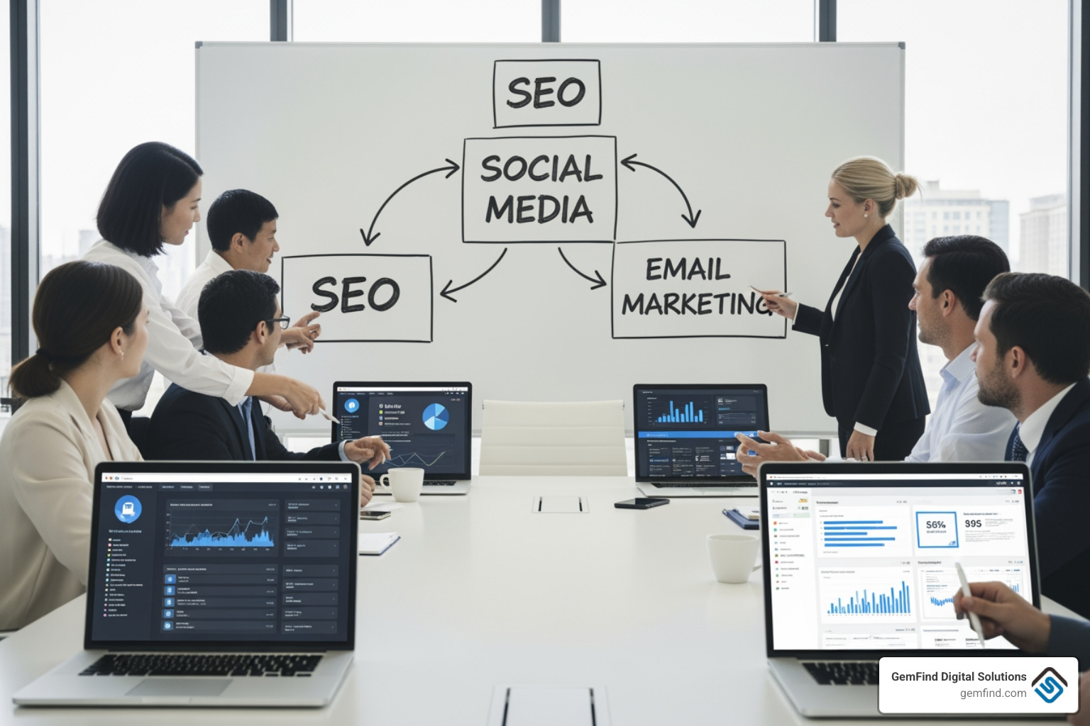 Cross-channel marketing strategy map showing the connection between SEO, Social, and Email