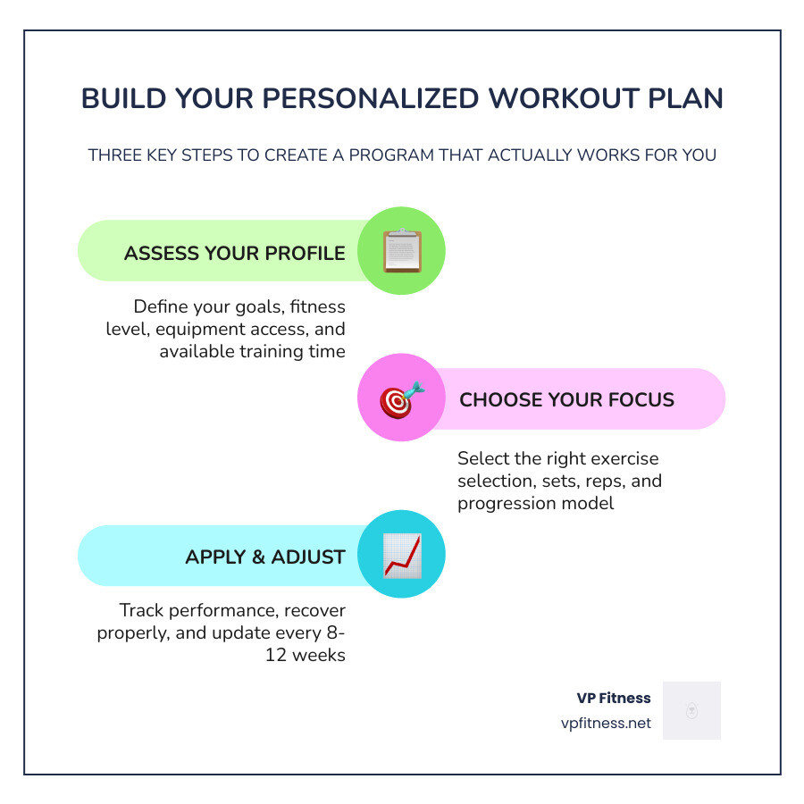 Infographic showing key steps in building a personalized workout plan: assess goals, evaluate fitness level, choose