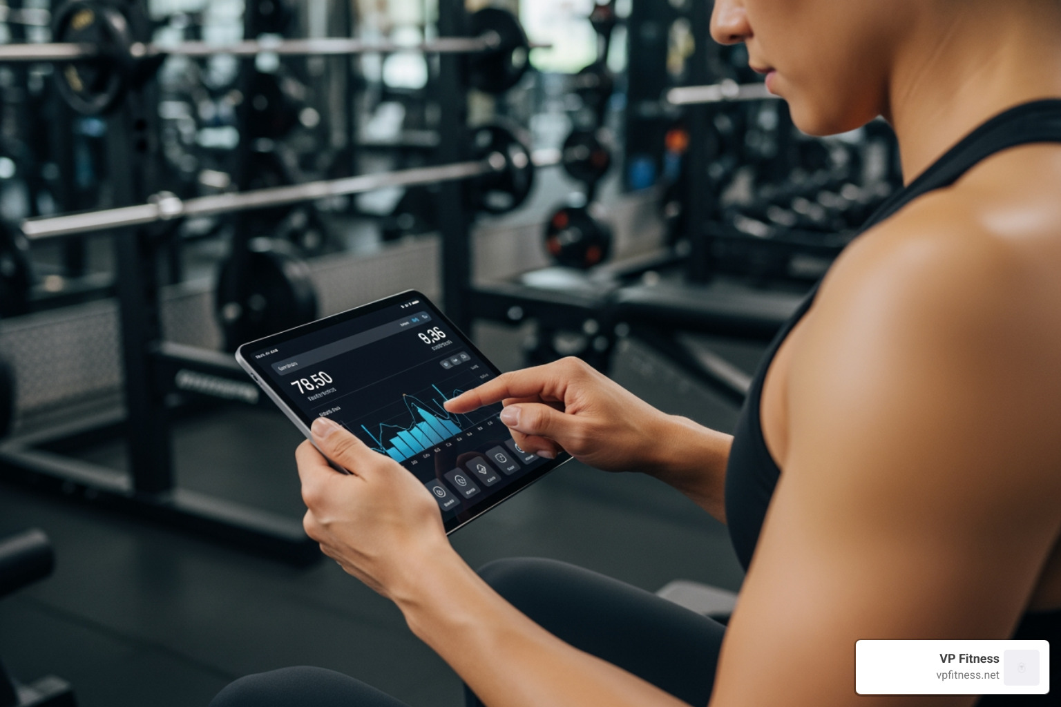 person tracking their workout progress on a digital tablet in a gym setting