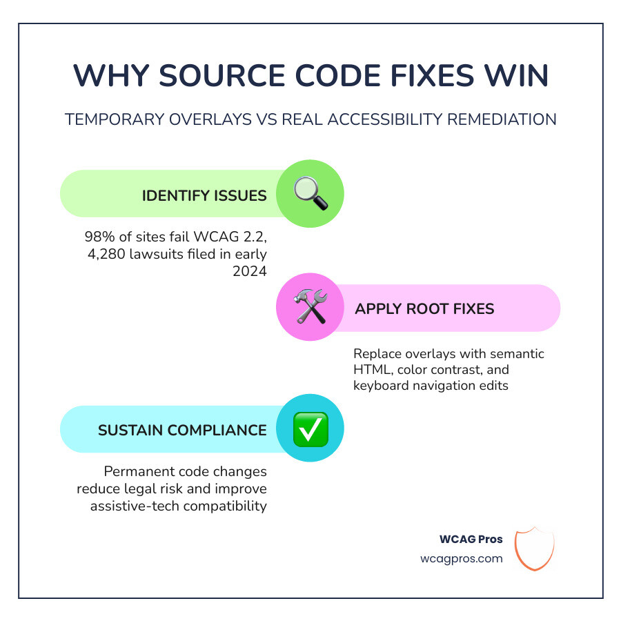 Infographic comparing source code remediation vs temporary automated overlays infographic Infographic comparing source code remediation vs temporary automated overlays infographic