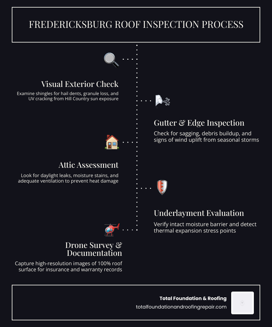 5-step roof inspection process infographic for Fredericksburg TX homeowners infographic