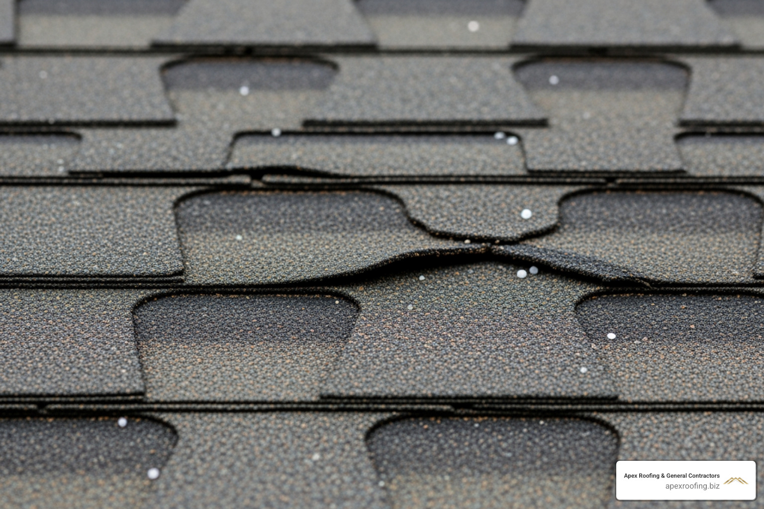 Hail-damaged asphalt shingles showing granule loss and bruising