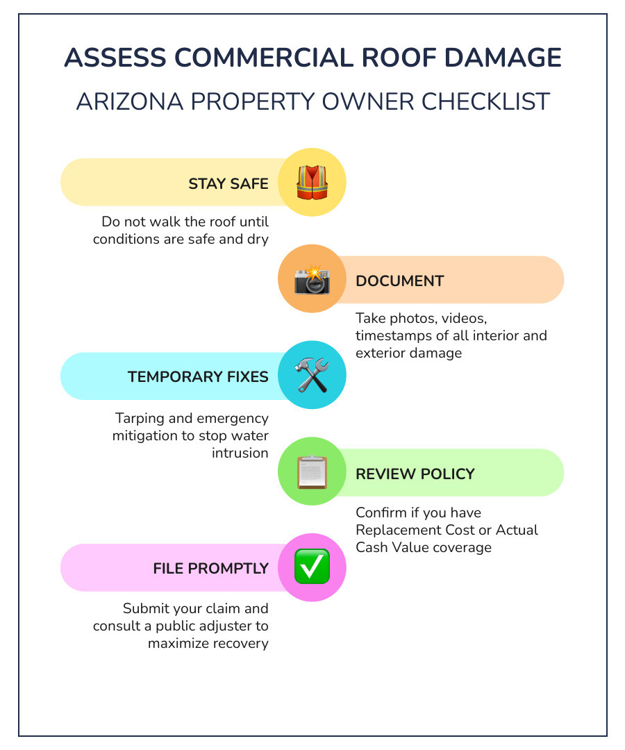 Step-by-step commercial roof damage assessment process infographic for property owners infographic Step-by-step commercial roof damage assessment process infographic for property owners infographic