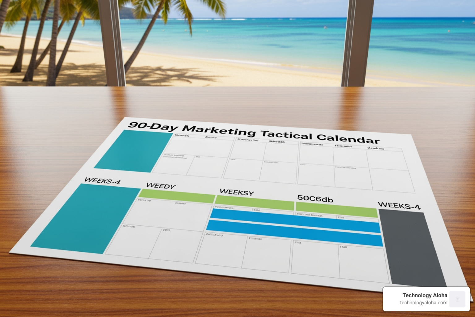 90-day marketing tactical calendar with weekly tasks and deadlines