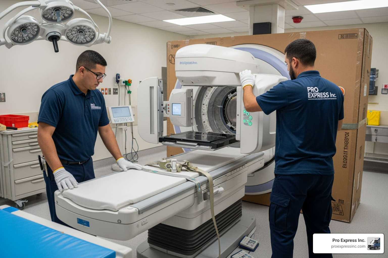 Medical device installation being performed by a professional two-man white glove team Medical device installation being performed by a professional two-man white glove team