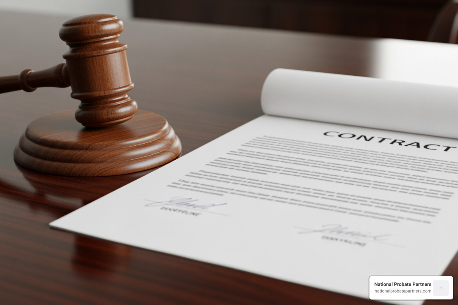 A gavel resting next to a signed legal contract