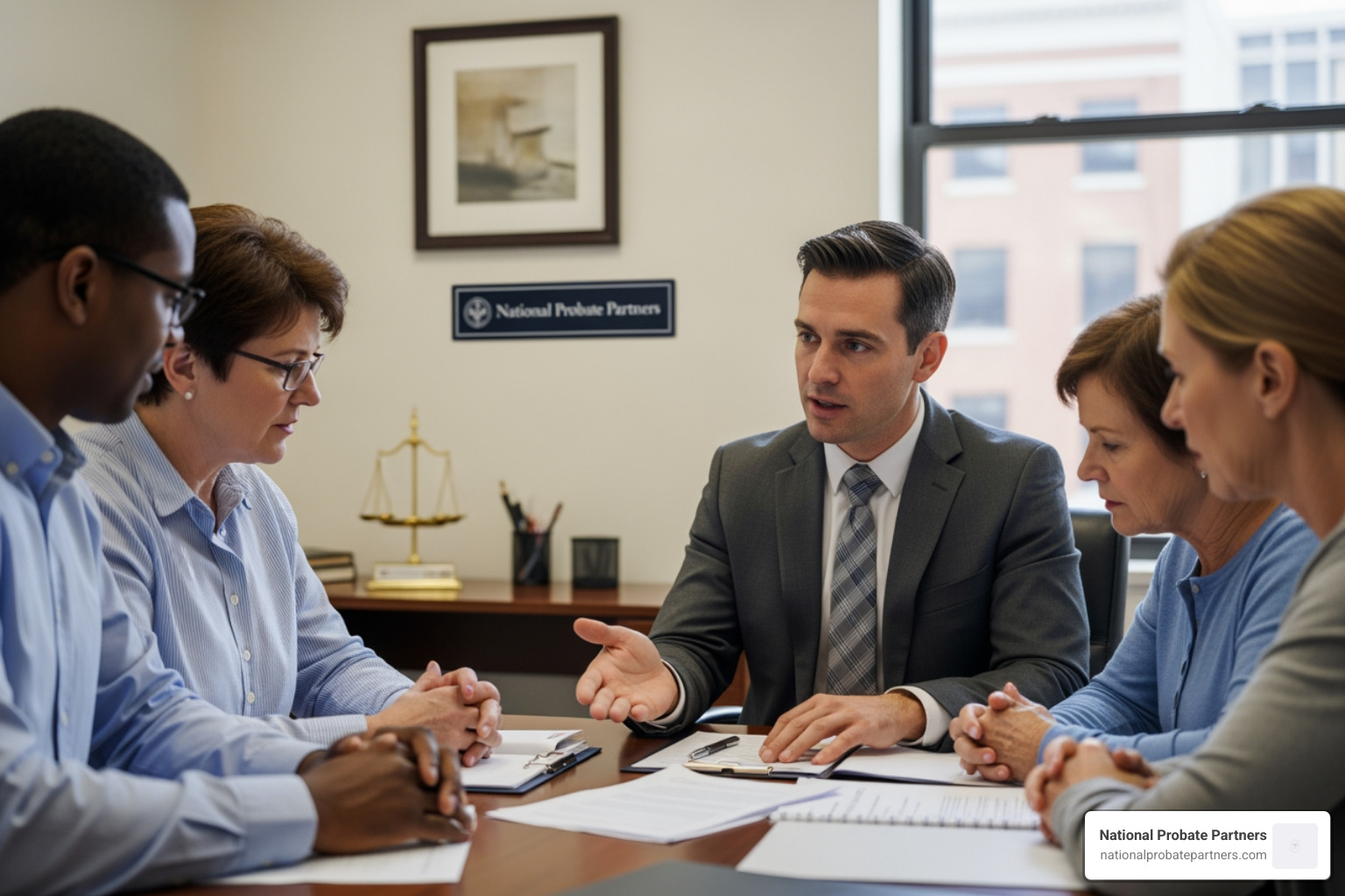 A lawyer explaining a legal petition to a family
