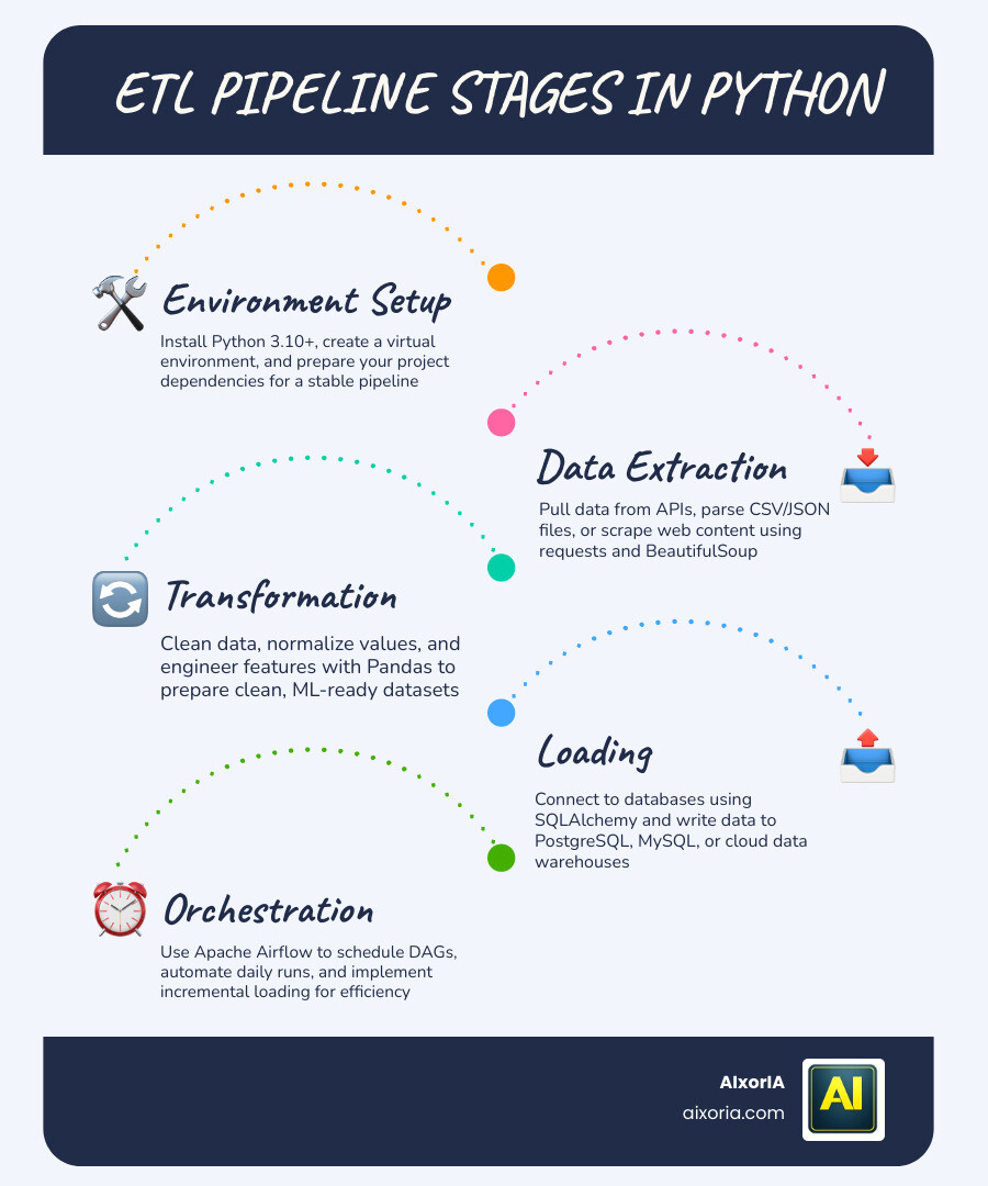 Table comparing Python ETL libraries: Pandas for small-medium data, Airflow for orchestration, PySpark for big data