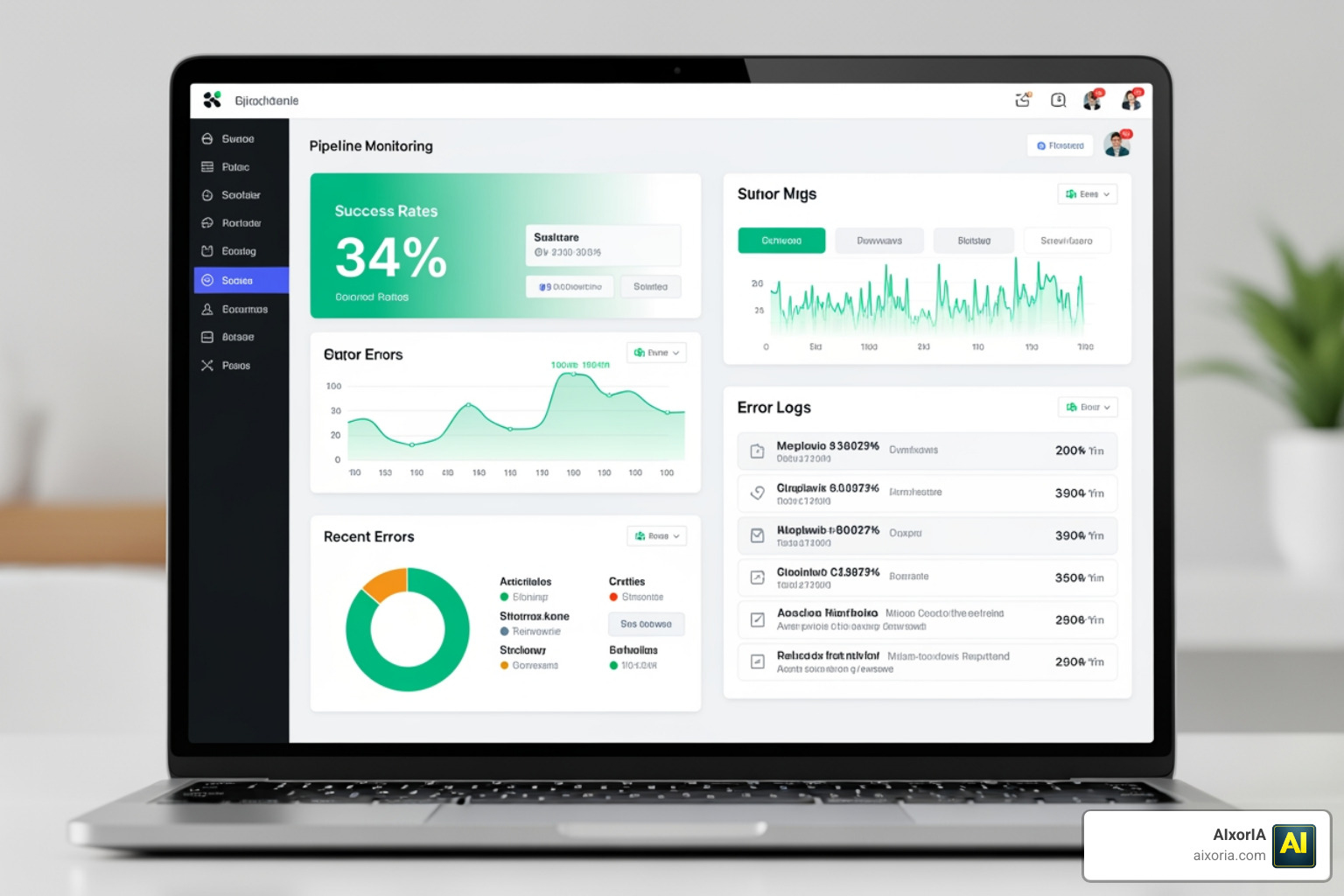 pipeline monitoring dashboard showing success rates and error logs