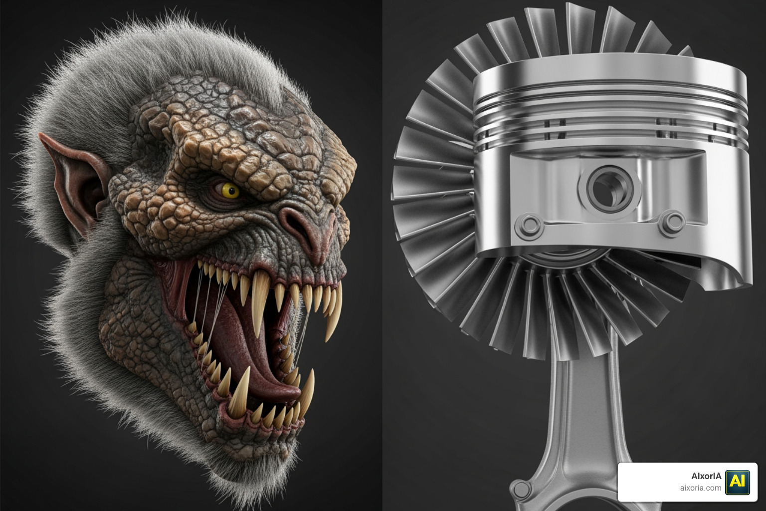 A side-by-side comparison of a highly detailed 3D monster head next to a precise mechanical engine part
