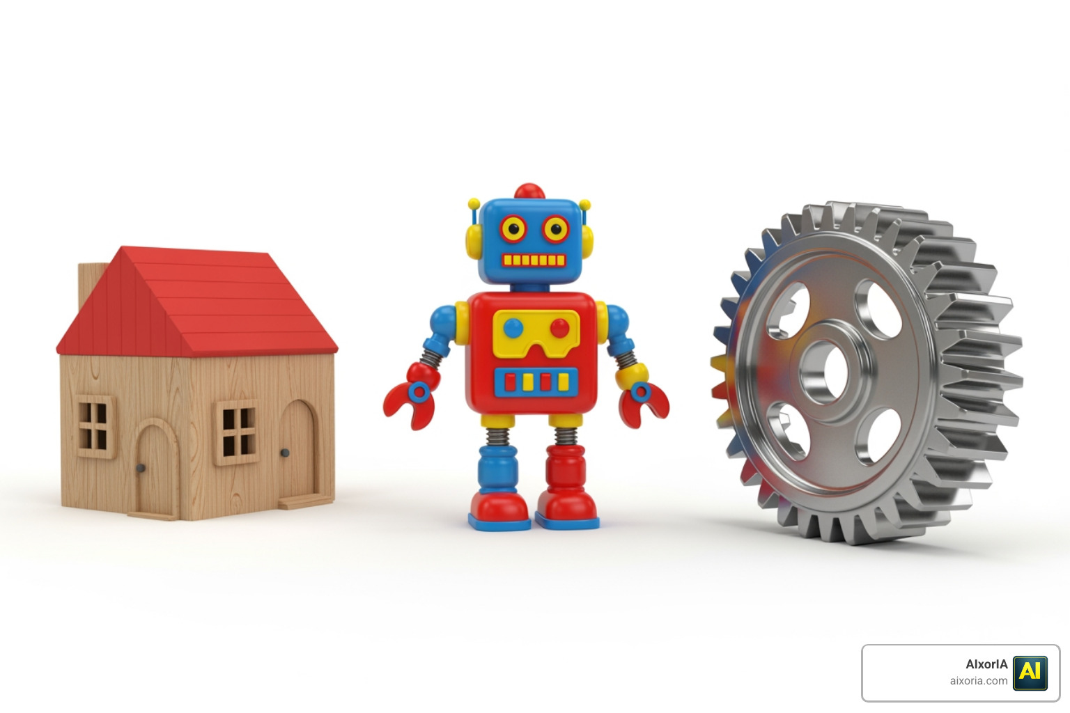 A collection of 3D models including a simple house, a toy robot, and a gear created in beginner-friendly software