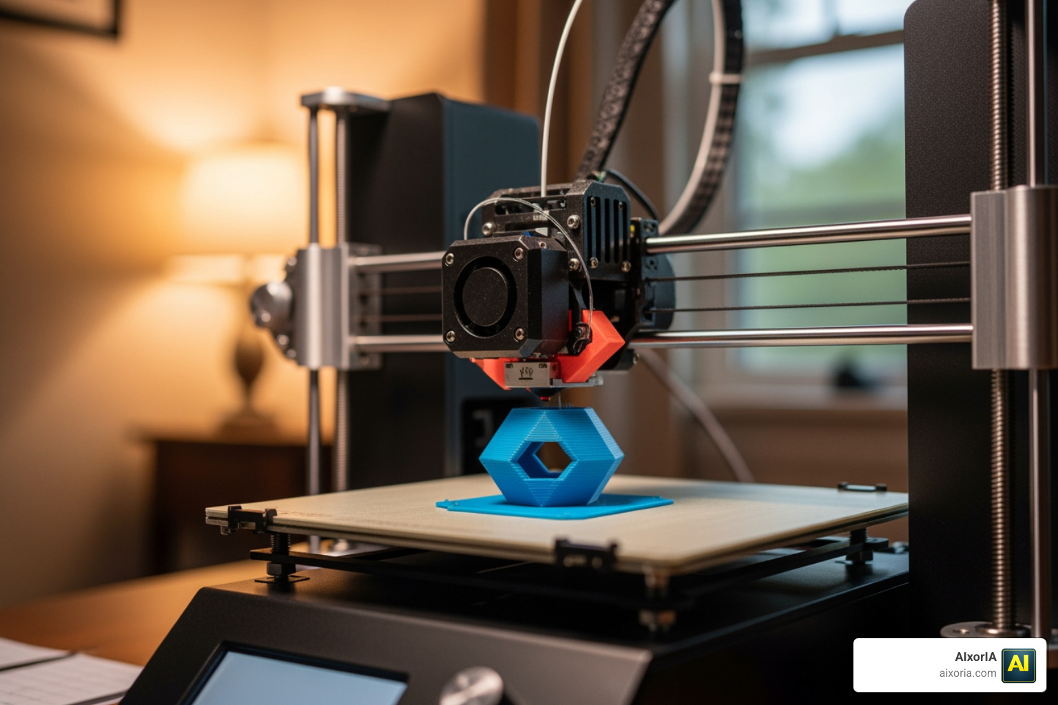 A 3D printer in action, slowly building a small blue plastic model designed by a beginner