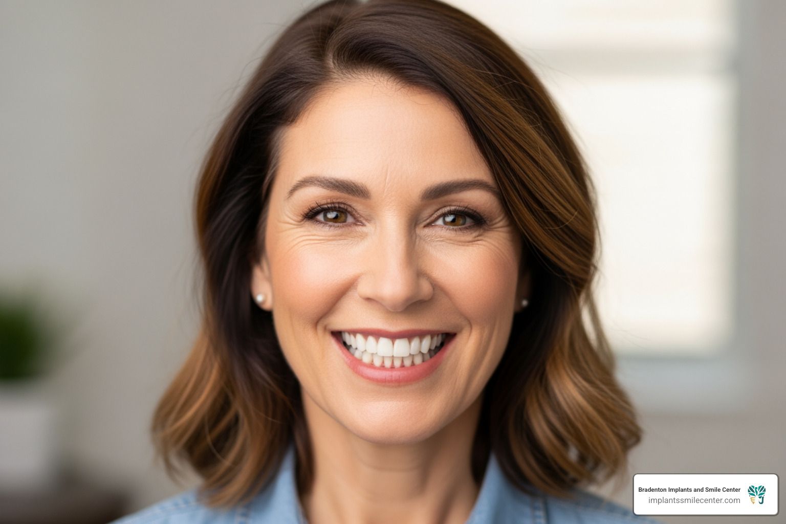 A patient smiling confidently after a full-mouth implant restoration.
