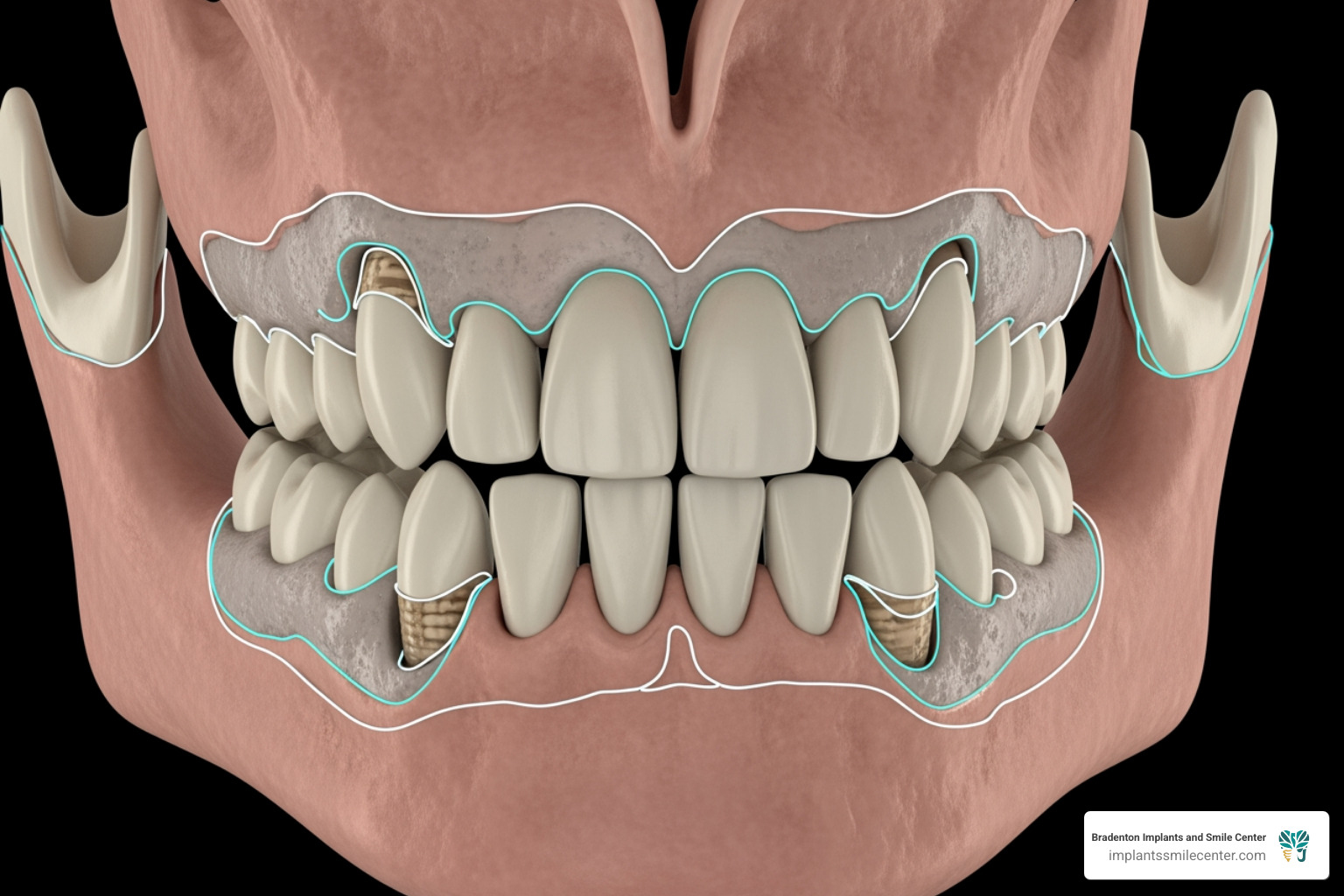 A 3D rendering of a jawbone showing areas requiring bone grafting.