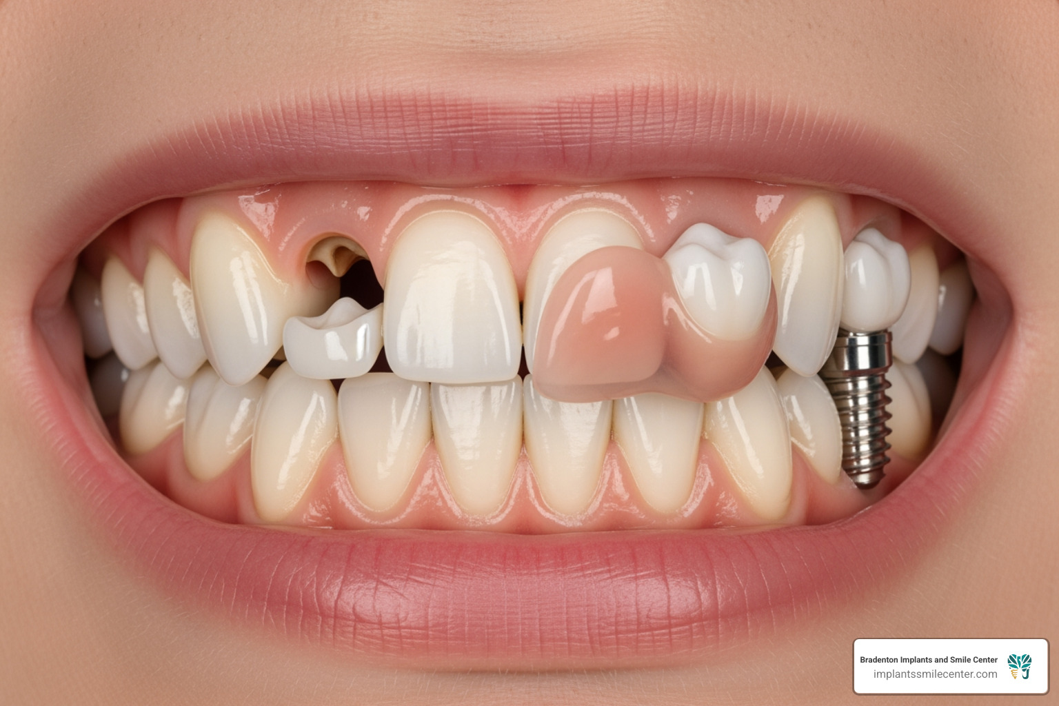 A visual comparison showing a missing tooth, a bridge, a denture, and a dental implant.