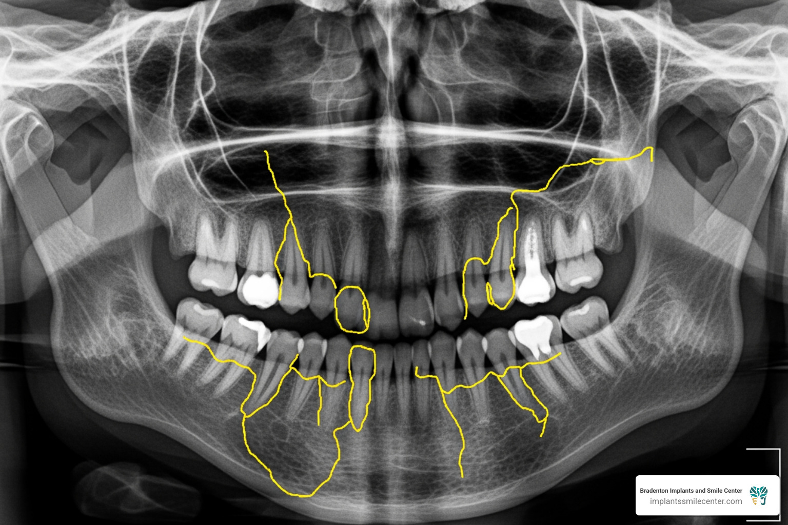 A dental X-ray or 3D scan highlighting areas that might require bone grafting.