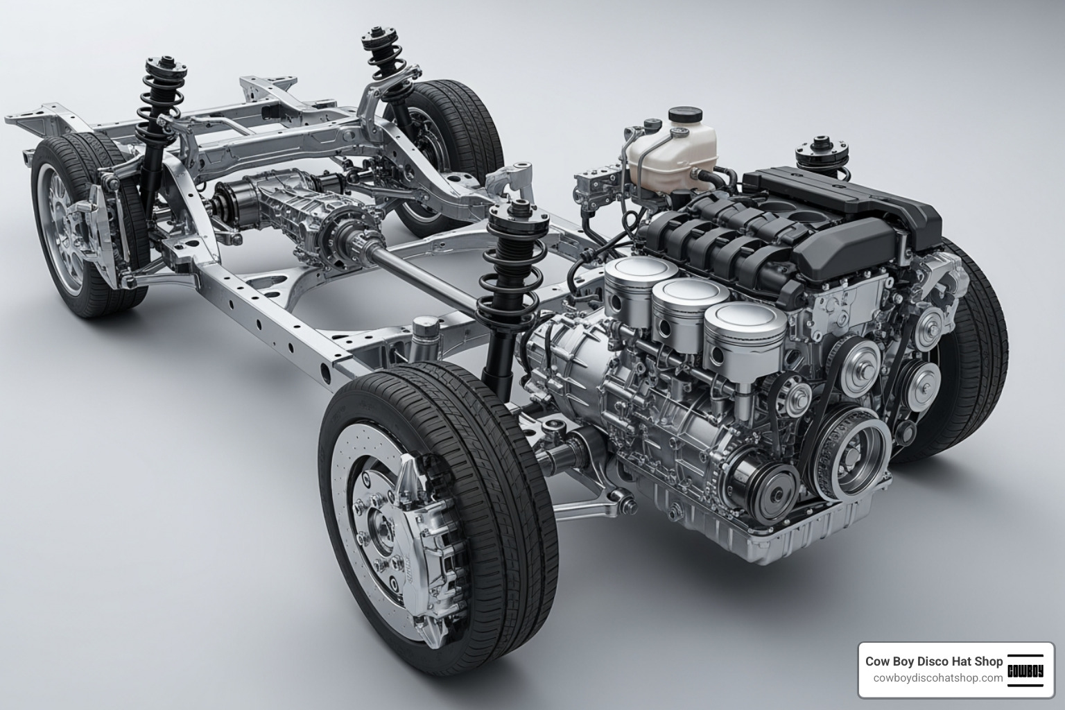 A diagram showing the internal components of a modern automobile chassis and drivetrain