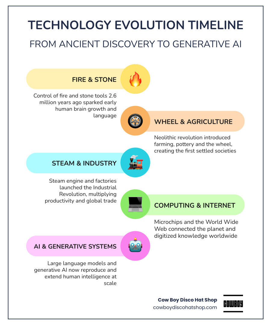 Infographic showing evolution of technology from stone tools to AI: fire, wheel, printing press, steam engine, computer