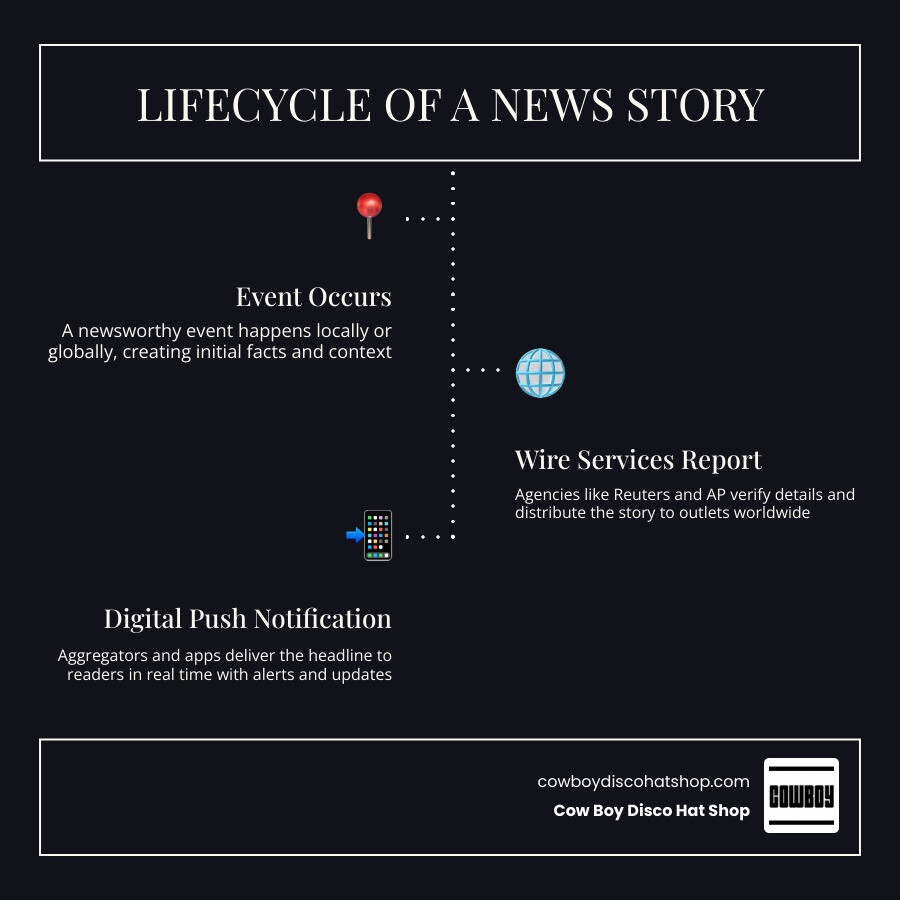 Lifecycle of a news story from event occurrence to digital push notification infographic