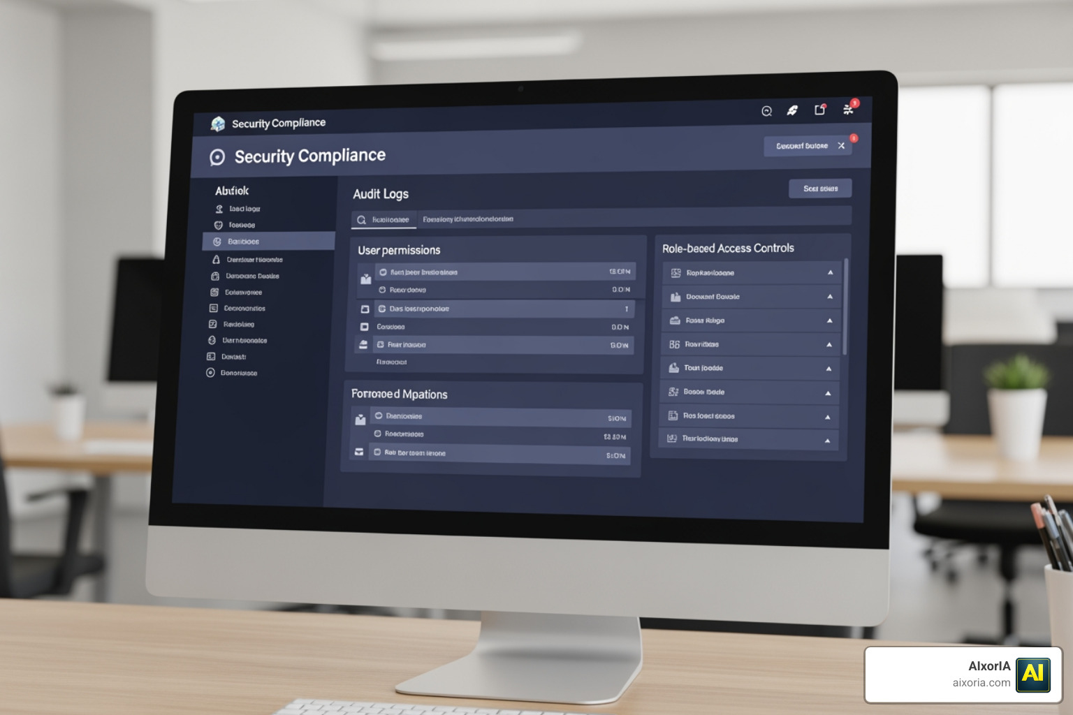 Security compliance dashboard showing audit logs and permissions