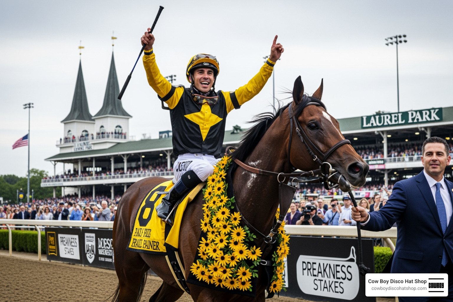Jockey Paco Lopez celebrating after the upset victory in the Preakness Stakes