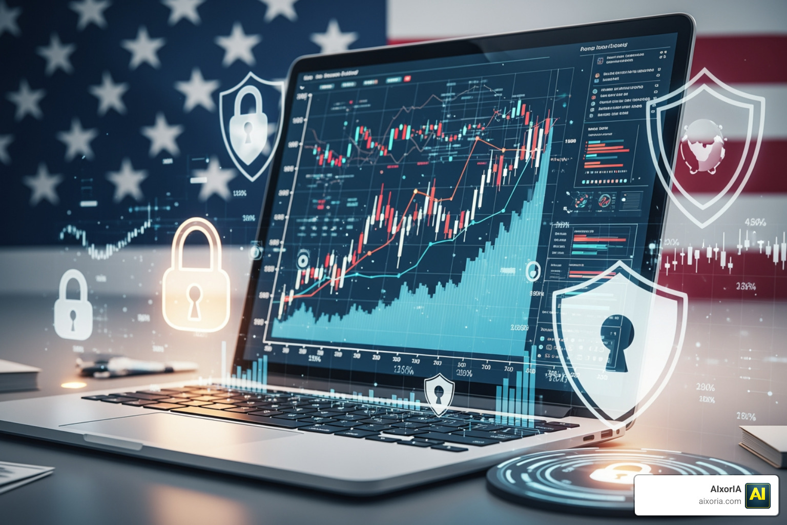 Data security locks and financial icons representing AI privacy